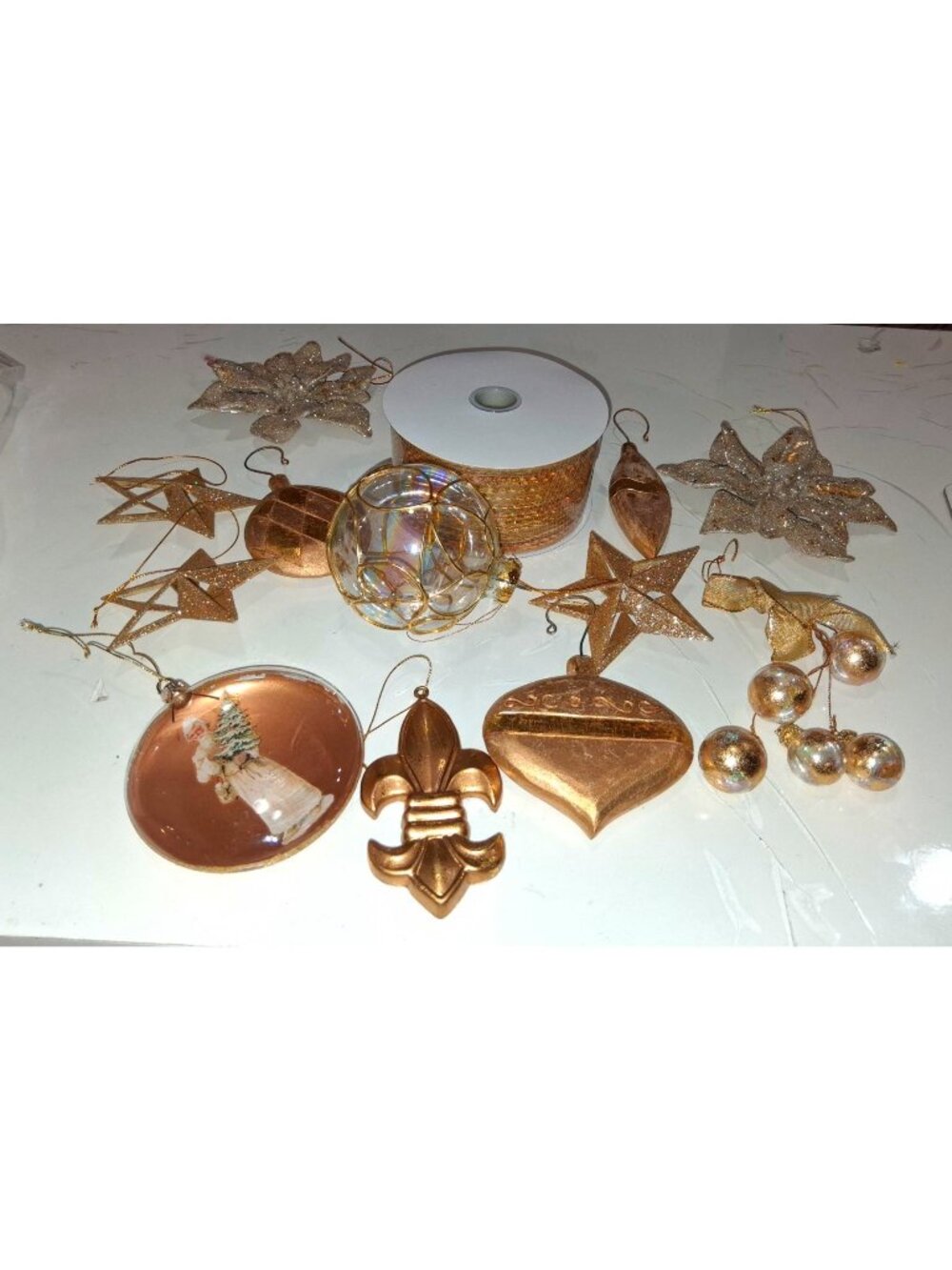 Gold Christmas Ornament Set Featuring Stars Poinsettias Glass Baubles & Ribbon F